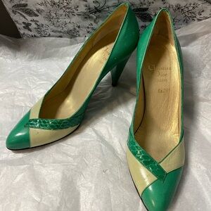 Vintage Dior Green and Cream Leather Heels - Size 8/8.5 approx